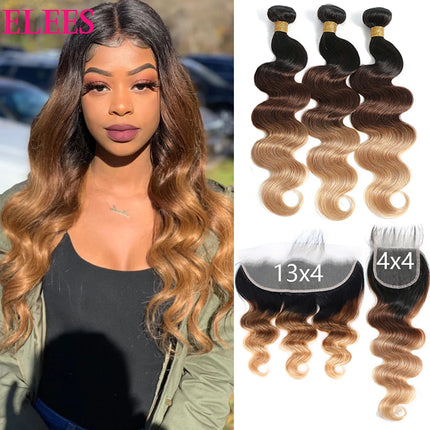 Ombre Body Wave Bundles With Frontal T1b/4/27 Colored Bundles With Frontal Brazilian Hair Bundles With Lace Frontal Closure