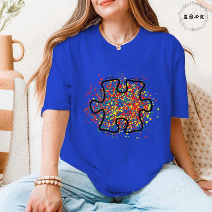 2026 Trendy Women's Autism Awareness T-shirts Creative Colorful Splatter Puzzle Graphic Female Clothing Short Sleeve Casual Tees