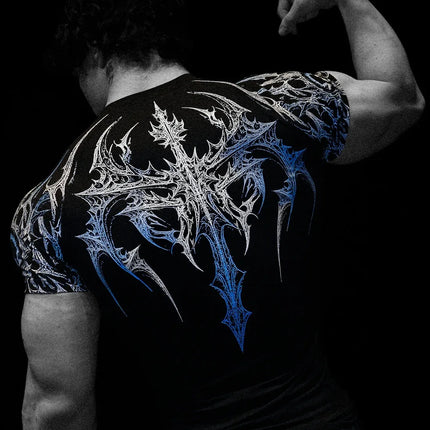 GYM T-shirt Men's Dark Gothic Print Muscle Tee  High Elasticity And Quick Drying Exercise For Bodybuilding Training 2025 Summer