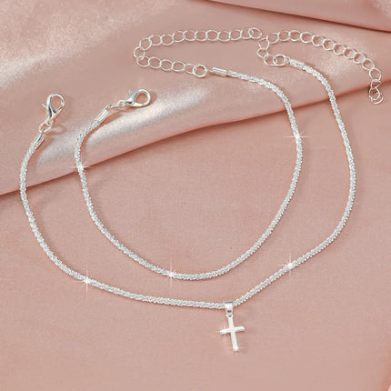 Shiny Sparkling Simple Anklet for Women Cross Pendant Silver Color Elegant Jewelry Female Beach Ankle Bracelet on Foot Gifts