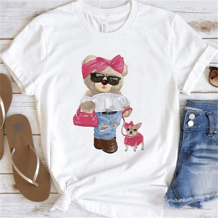 Women's Cute Bear Graphic T-shirt Short-Sleeved Clothes Women's Print T-shirt Summer 90s Fashion Style Women's Fashion T-shirt