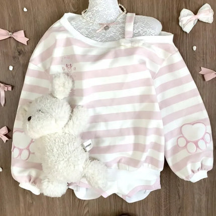 HOUZHOU Kawaii Pink Striped Sweatshirts Women Cutecore Off Shoulder Long Sleeve Pullovers Sweet Japanese Style Loose Casual