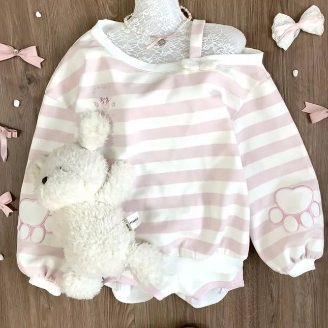 HOUZHOU Kawaii Pink Striped Sweatshirts Women Cutecore Off Shoulder Long Sleeve Pullovers Sweet Japanese Style Loose Casual