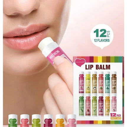 12PCS Moisturizing Fruit Flavor Color Lip Balm Set Hydrating Nourishing Lipstick Set Cracking Lip Care long-lasting moisturizing