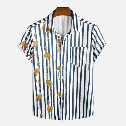 Summer Mens Striped Floral Patchwork Hawaiian Shirt 3D Print Short Sleeve Pocket Casual Oversized Beach Camisa Havaiana Listrada