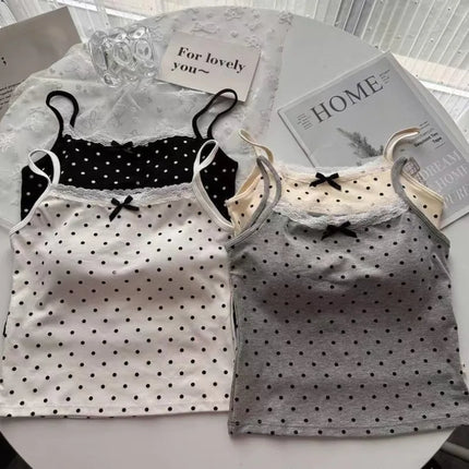 Women Summer Sweet Polka Dot Lace Edge Tank Tops Bow New Inner Layer Bottom Shirt With Bra Pad Slim Backless Sexy Basic Crop Top