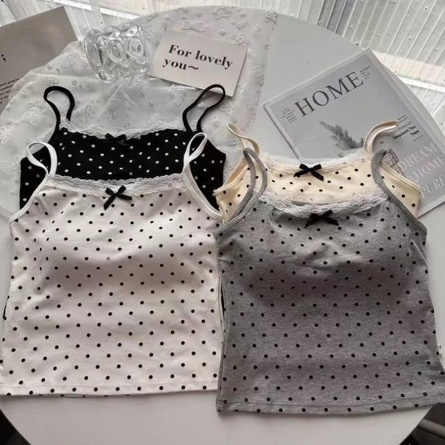 Women's Summer Sweet Polka Dot Lace Edge Tank Tops with Bow, New Inner Layer Bottom Shirt with Bra Pad, Slim Backless Sexy Basic Crop Top