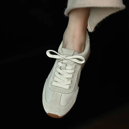 Ins Fashion Suede Leather Women Sneakers Lace Up Flat Shoes Genuine Leather  Ladies Flats Casual Shoes