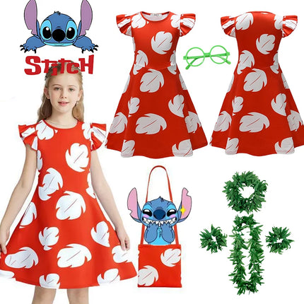 Disney Anime Lilo&Stitch Cartoon Dress for Girls Summer Hawaiian Red Leaf Print Kids Cosplay Knee Length Flying Sleeves Dresses