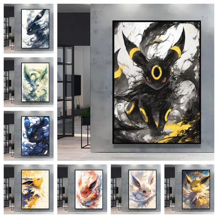 Pokemon Eevee Series Wall Art Unique Ink Style Decorative Paintings High - Quality Canvas Add A Touch of Fantasy To Your Home