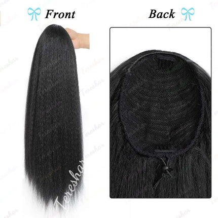 Synthetic Ponytail Extension with Bangs for Black Women Yaki Straight Drawstring Ponytail Hairpieces Clip in Ponytail Extension