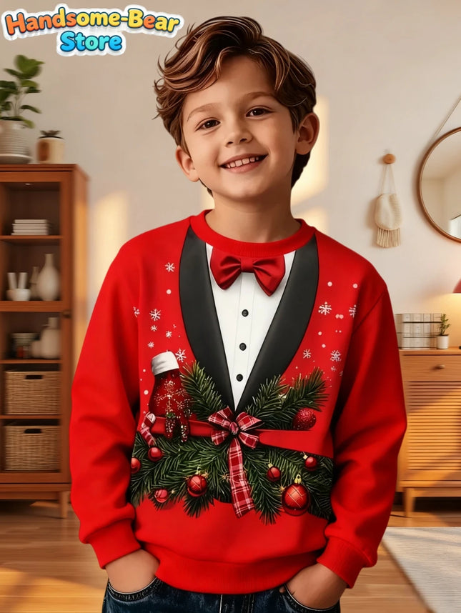 Funny Boys Sweatshirt Christmas Suit Tie 3D Print Autumn Long Sleeve Hoodies Pullover Boys Clothes Holiday Children's Clothing