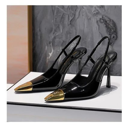 Runway Fashion YS Metal Square Toe Stiletto Heels Women's Baotou Sandals Black Pumps Color Block Glossy Design Shoes Luxury Shoe