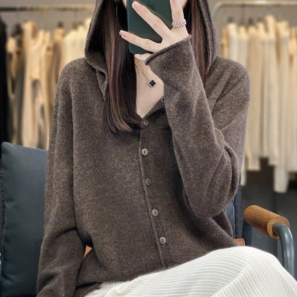 Women's Seamless Wool Hooded Cardigan Women's Autumn And Winter Loose Relaxed Long Sleeve Cashmere Knitted Large Top