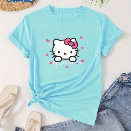 Girls Summer Classic Hello Kitty Pattern Trendy T-shirt Cute and Fashionable Style Suitable Daily Casual Wear 100% Pure Cotton