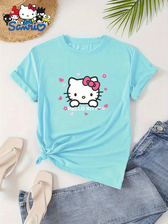 Girls Summer Classic Hello Kitty Pattern Trendy T-shirt Cute and Fashionable Style Suitable Daily Casual Wear 100% Pure Cotton