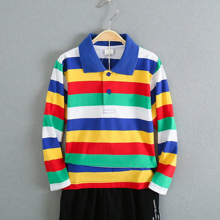 Boy Polos Shirt Kids Clothes Tops Color Stripes Turn-Down Collar Autumn Long Sleeve Polos Baby Boy Camisetas Teen Boys Shirts
