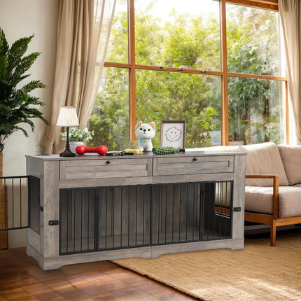 Large Heavy Duty Wooden Dog Crate Furniture End Table with Charging Station & Drawers for Indoor Pet House, 70.86'', Custom