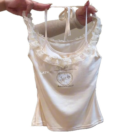 Removable Pad Lace Trim Crop Top Sleeveless Tank Top Printed Design Sweet And Spicy Style Women's Fashion Cotton Blend