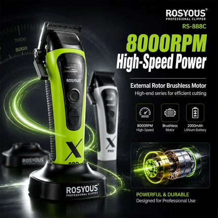 ROSYOUS RS-888C KM-1595 JC-10000 External Rotor Brushless Motor Men Electric Hair Clipper Kit 8000RPM Professional Hair Trimmer