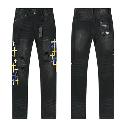 RTA Brand Men's Slim Fit Paint Graffiti Damaged Destroyed Hole Skinny Denim long Trouser Jeans Pants Streetwear