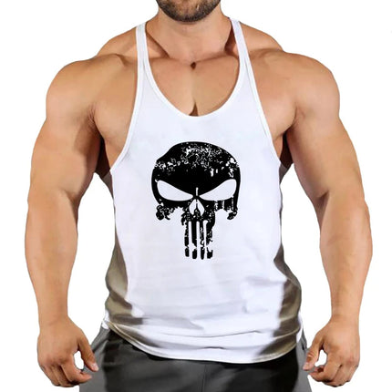 Mens Bodybuilding Faux Cotton Tank Top Gym Fitness Sports Sleeveless Top Skull Print Breathable Tank Top Mens Summer Tank Top