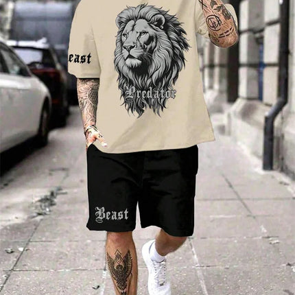 2024 New Crew Neck Short Sleeve T-shirt Fashion Shorts Set 3D Lion Print Short Sleeve Shorts 2-piece Men's Summer Sports Set