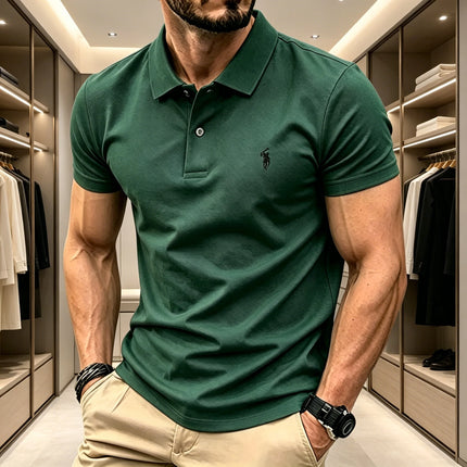 Men Breathable Fabric Solid Color Lapel Polo Shirt Short Sleeve Business Casual Tops With Mini Rider Figure Embroidery On Chest