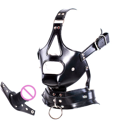 LILUPLAY Bondage Restraint Open Mouth Eye Mask Sex Mask Fetish Sexual Toys Flirting Sex Toys For Couples Black Leather Hood