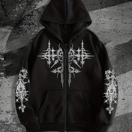 Unisex Gothic Dark Print Zip-Up Hoodie Trendy Streetwear Casual Everyday Fashion Unisex Style Holiday Gift