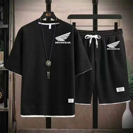 2026 Honda Logo Waffle Men's Summer Short Sleeve And Shorts Two Piece Sets Sports Casual Tracksuit Men Comfortable Cool Shorts O