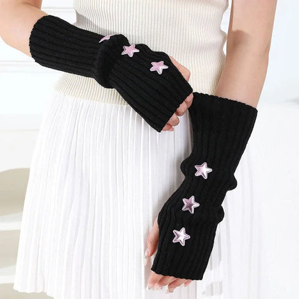 New Women Knitted Fingerless Arm Sleeves Gothic Style Striped Winter Long Arm Warmers Girls Harajuku Y2K Fashion Wrist Gloves