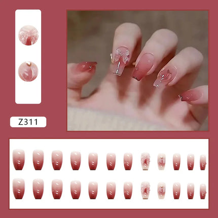 Sparkling Diamond 24 Pcs Press on Nails Pink Nail polish Glossy Artificial Finger Manicure Reusable False Nails
