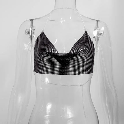 Sexy Summer Sequin Metal Crop Tops Suspenders Halter Backless Night Club Tank Top 2024 New Women Clothing Fashion Y2k Tops