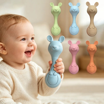 Food-Grade Silicone Baby Rattle Toy Set (Big Kangaroo, Bunny & Deer), Biteable for Baby Grasping Training
