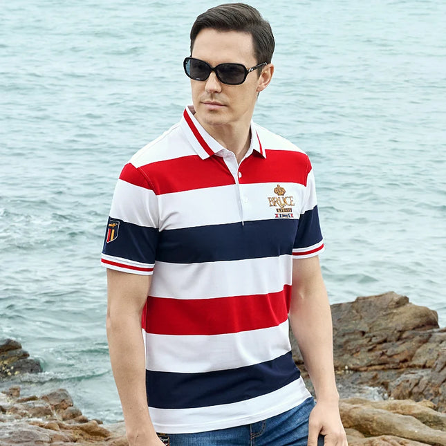 New Straight Men's Striped Polos Short Sleeved Bruce&Shark Summer Fashion Embroidery T-shirt Breathable Men Casual Tee Big Size