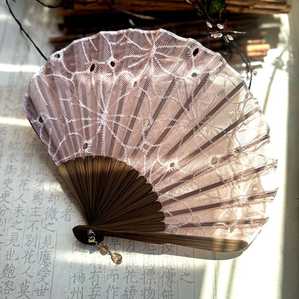 Lace Embroidery Flower Folding Fan Mini Shell Shape Chinese Hanfu Hand Fan With Pendant Home Decor Wedding Crafts Fans Gift