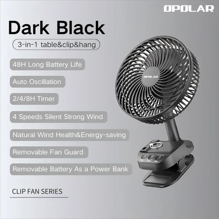 OPOLAR Rechargebale 8inch Portable Fan Auto Oscillation Clip Fan with Hook Removable Battery as Mini Power Bank for Home Outdoor