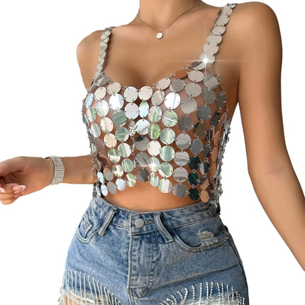 Womens Sexy Hollows Out Outfit Glitter Bra Tops Club Festival Beachs Party Mirrors Skirts for Summer