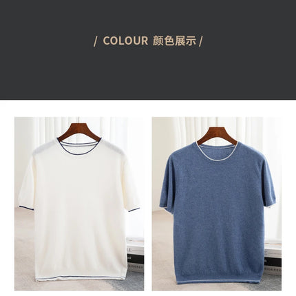 2025 Spring/Summer New Fashion O-Neck Knit Short Sleeve Spliced Business Casual T-Shirts Men's Clothing Loose Tops England Tees