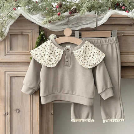 Spring Fall 1-3 Years Baby Girl Outfit Warm Ribbed Fabric Khaki Sweatshirt + Pant Set Lace Trim Casual Toddler Clothes