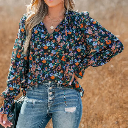 Plus Size Women's Shirt, Flower Print V-Neck, Long Sleeves with Ruffles, Casual Resort Style, Suitable for All Seasons