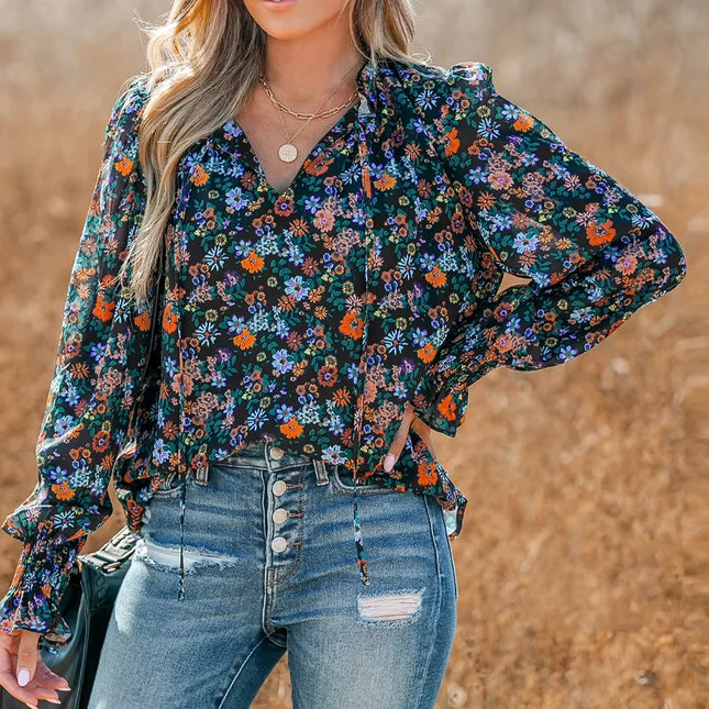 Plus Size Women's Shirt, Floral Print V-Neck, Long Sleeves with Ruffles, Casual Resort Style, Suitable for All Seasons