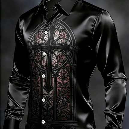 New black satin ethnic style geometric border men's long sleeved shirt retro business casual shirt clothing