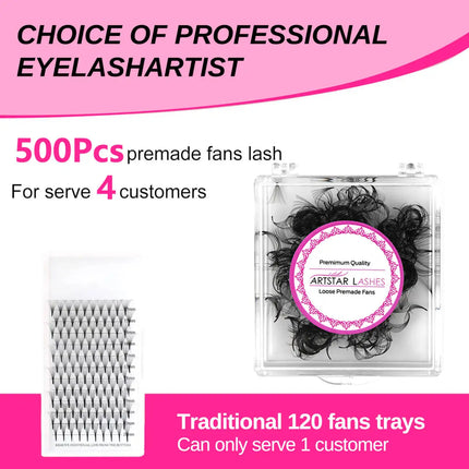 ARTSTAR 500Fans Loose Fans Eyelash Extensions 10D 12D 14D 16D 20D Pointy Base Lashes 8-17mm Length 0.03mm Thickness Volume Lash