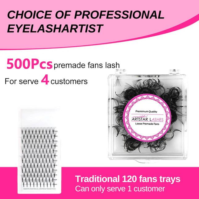 ARTSTAR 500Fans Loose Fans Eyelash Extensions 10D 12D 14D 16D 20D Pointy Base Lashes 8-17mm Length 0.03mm Thickness Volume Lash
