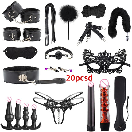 BDSM SexLove Set Kits Adults Sex Toys for Women Men Handcuffs Nipple Clamps Whip Spanking Sex Metal Anal Plug Vibrator Butt
