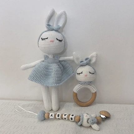 1 Set DIY Crochet Bear Baby Teether Newborn Bunny Rattle Toy Wooden Molar Teething Ring Pacifier Clips Chain Set Baby Stuff