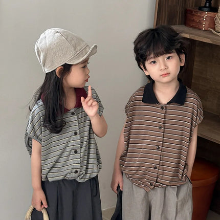 Boys and girls POLO shirt 2025 children's summer new striped short-sleeved T-shirt Mori retro tops summer 80-140cm