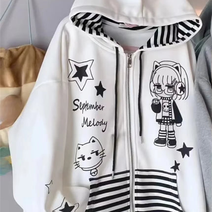 Japanese Y2k Hoodies Jackets Women Clothes Polka Dot Cat Print Sweatshirts 2025 Ropa Mujer Casual Chic Hooded Cute Hoodie Tops